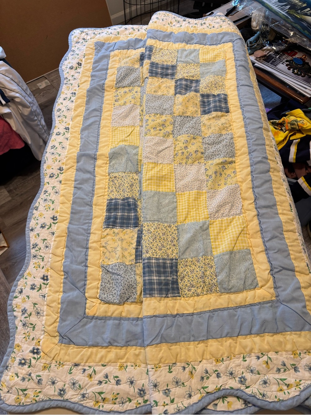 Handmade/Stitched Yellow and Blue Patchwork Quilt or wall hanger 46x54